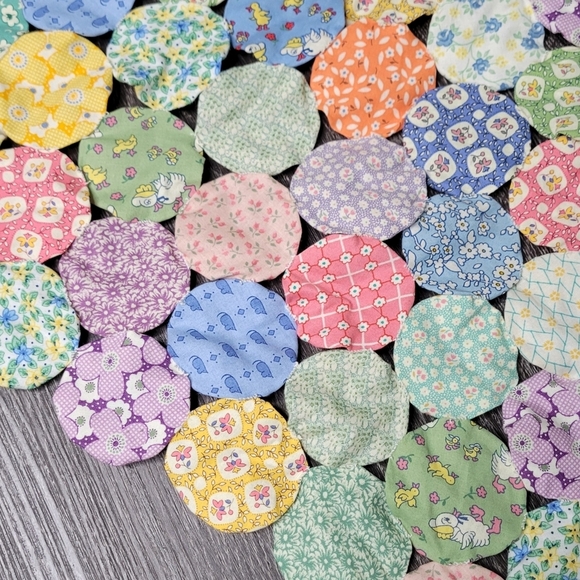 Antique Retro Handmade Quilt Yoyo Fun Cartoon Coloful Collectible 60"x24 - Picture 2 of 3